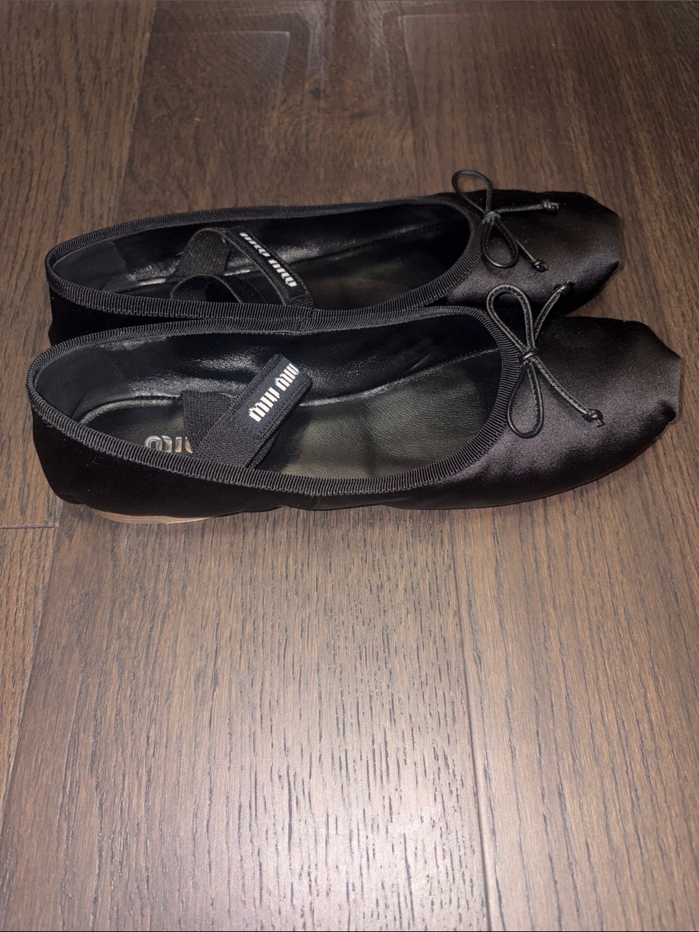Miu Miu Black Satin Square-Toe Ballet Flats with Bow Strap, size 38.5 - Picture 4 of 5